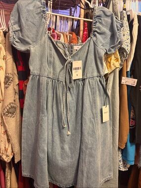 Forever 21 Light Blue Denim Midi Dress with Puff Sleeves